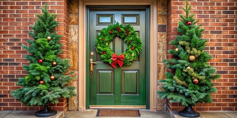 Festive Decor Enhances the Entrance of a Home with Brick Walls, Green Door, and Two Christmas Trees