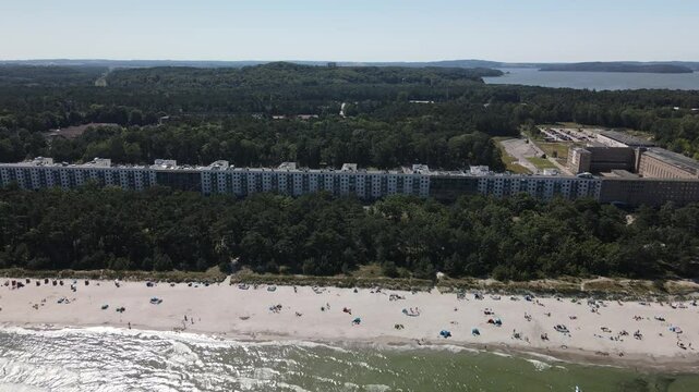 Aerial view across the KDF Prora Baltic white sand Beach 