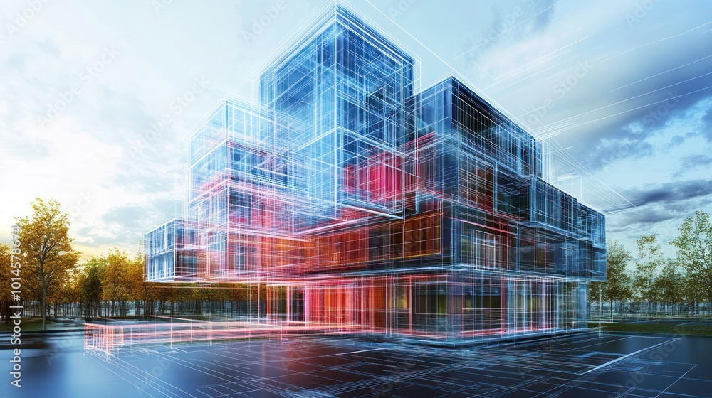 Poster Architectural Wireframe Rendering of a Modern Building