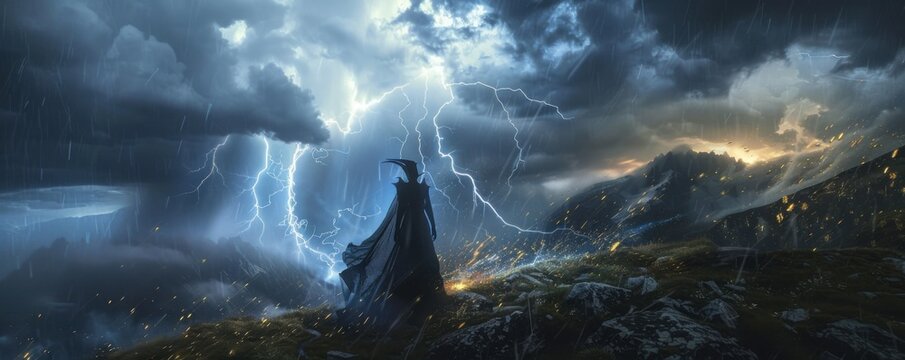Maleficent enchantress summoning a storm of lightning and thunder, 4K hyperrealistic photo