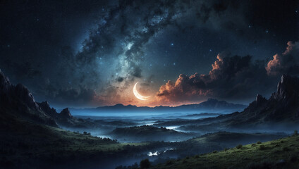 Fototapeta premium Night Sky with Crescent Moon Landscape