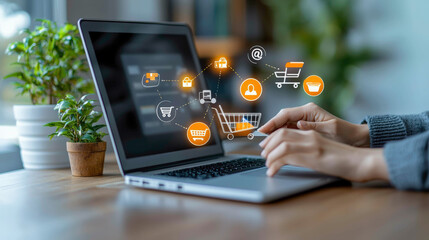 A modern scene of a person holding a potted plant in front of a laptop with glowing icons of online shopping, security, and digital payments, symbolizing a secure and efficient transaction.