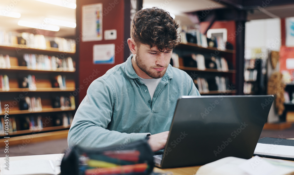 Aufkleber learning, laptop and research with man in library for knowledge, education and college thesis. acade