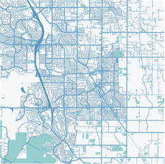 Map of Brentwood in California in a professional blue style. Contains layered vector with roads water, parks, etc.