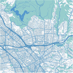 Map of Castro Valley in California in a professional blue style. Contains layered vector with roads water, parks, etc.