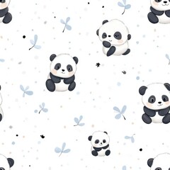 Charming panda pattern with playful designs on a light background, perfect for children's decor and playful projects.