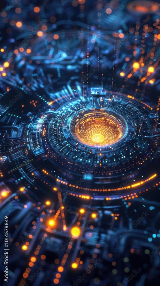 Poster abstract digital technology background with glowing lights and circular patterns.
