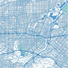 Map of El Monte in California in a professional blue style. Contains layered vector with roads water, parks, etc.