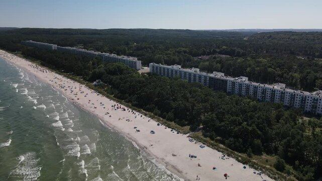Aerial view across the KDF Prora Baltic white sand Beach 