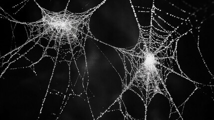 White spider webs against a black backdrop, highlighting the intricate patterns and textures.
