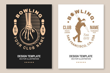 Bowling sports club poster. Vintage design with athlete, bowling pins and skeleton hand with bowling ball silhouette. Vector.