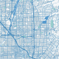 Map of Orange in California in a professional blue style. Contains layered vector with roads water, parks, etc.