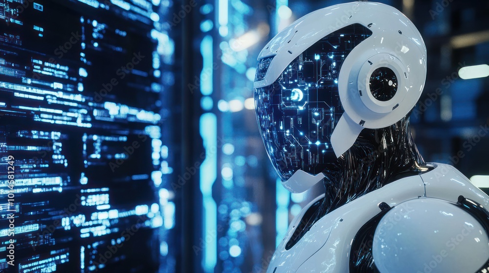 Poster A White Robot with a Transparent Head Looking at a Wall of Binary Code