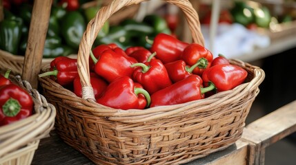 A close-up of red bell peppers neatly arranged in a wicker basket at a farmera market.