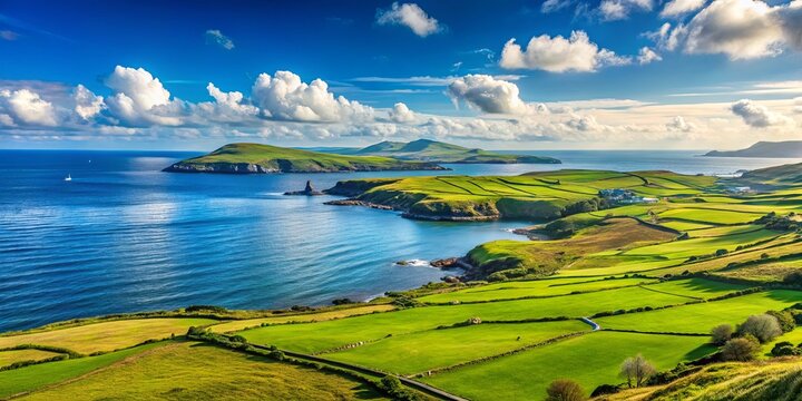A picturesque view of rolling green hills overlooking a serene bay, with distant islands and a blue sky dotted with fluffy clouds.