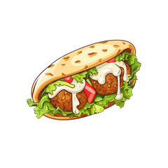 Falafel sandwich filled with lettuce, cucumber, tomato, and savory sauce, perfect for food blogs, menus, and social media posts. Generative AI