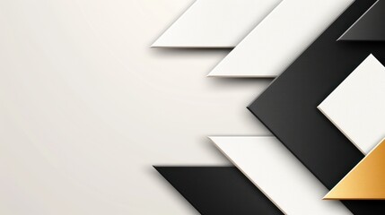 A geometric design featuring overlapping black, white, and gold shapes on a light background, emphasizing modern aesthetics.