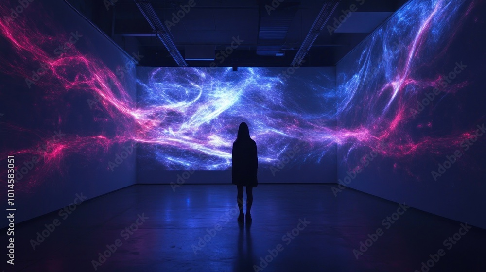Poster a single figure stands before a projection of cosmic nebulae