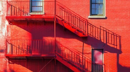 A red fire escape staircase on a brick building, casting long shadows in the sun.