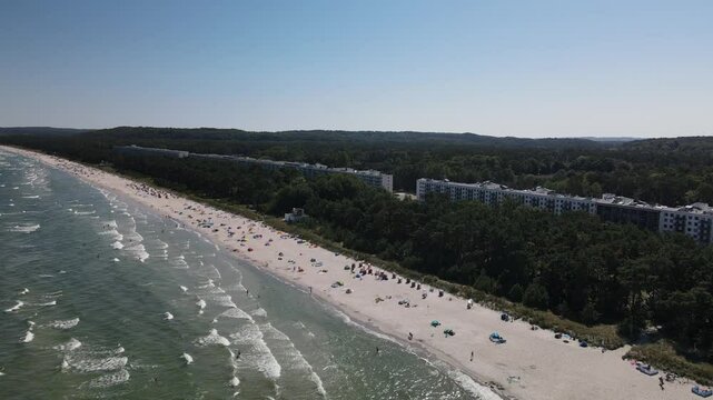 Aerial view across the KDF Prora Baltic white sand Beach 