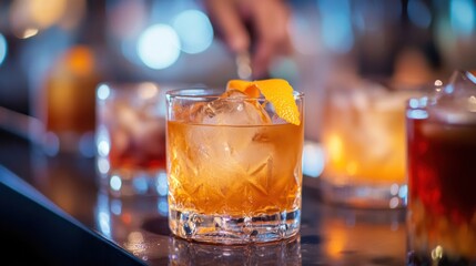 A close-up of a cocktail with ice and an orange twist, set in a lively bar atmosphere.
