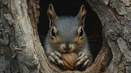 Fototapeta premium A close-up of a squirrel hiding a nut in a tree cavity, with its determined expression and tiny claws gripping the bark