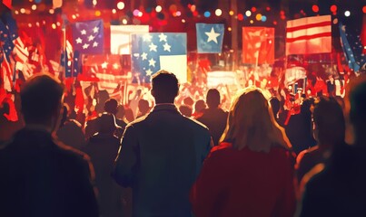 Crowd of people gathered in front of flags.