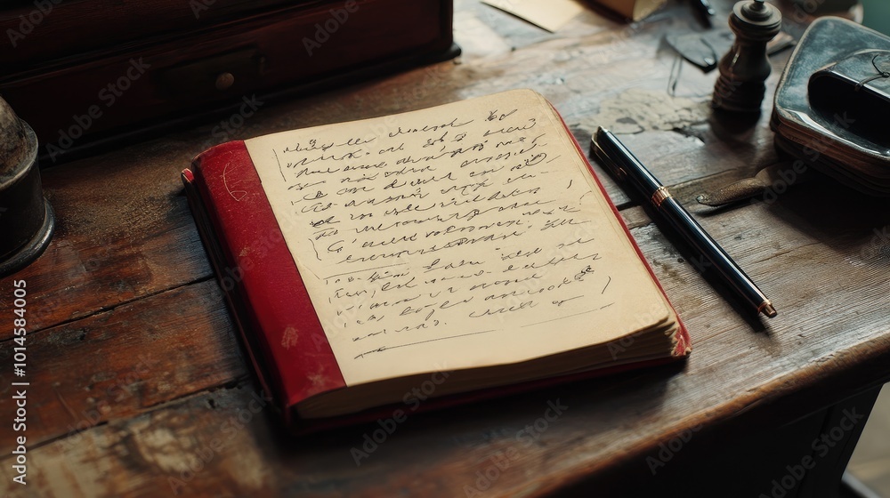 Poster a red notebook lying open on a wooden desk, filled with handwritten notes.