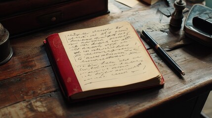 A red notebook lying open on a wooden desk, filled with handwritten notes.