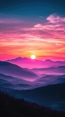 Obraz premium A breathtaking sunset over serene mountains, showcasing vibrant pink and purple hues in the sky, creating a tranquil atmosphere.