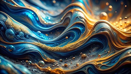 Fototapeta premium A mesmerizing abstract composition of shimmering blue and gold fluid swirls, resembling a cosmic landscape with glittering celestial orbs.