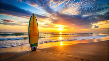 A lone surfboard stands on the sandy shore, bathed in the warm glow of a breathtaking sunset as the waves gently lap against the sand.