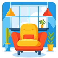 A cozy living room featuring an orange chair, plants, and colorful lamps, creating a warm and inviting atmosphere.