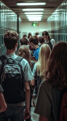 Obraz premium A busy school hallway filled with students interacting and walking past lockers, capturing a lively educational environment.