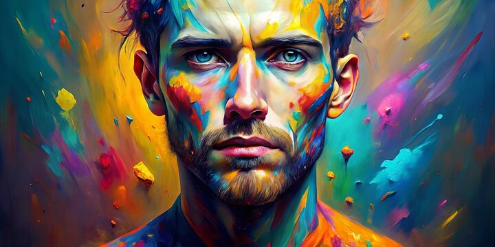 A close-up portrait of a man's face painted in a vibrant palette of colors, capturing a moment of introspection and artistic expression.