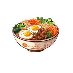 Delicious stirfry Bibimbap meal ingredients, including eggs, veggies, meat, and noodles, are perfect for food blogs, menus, and culinary designs. Generative AI