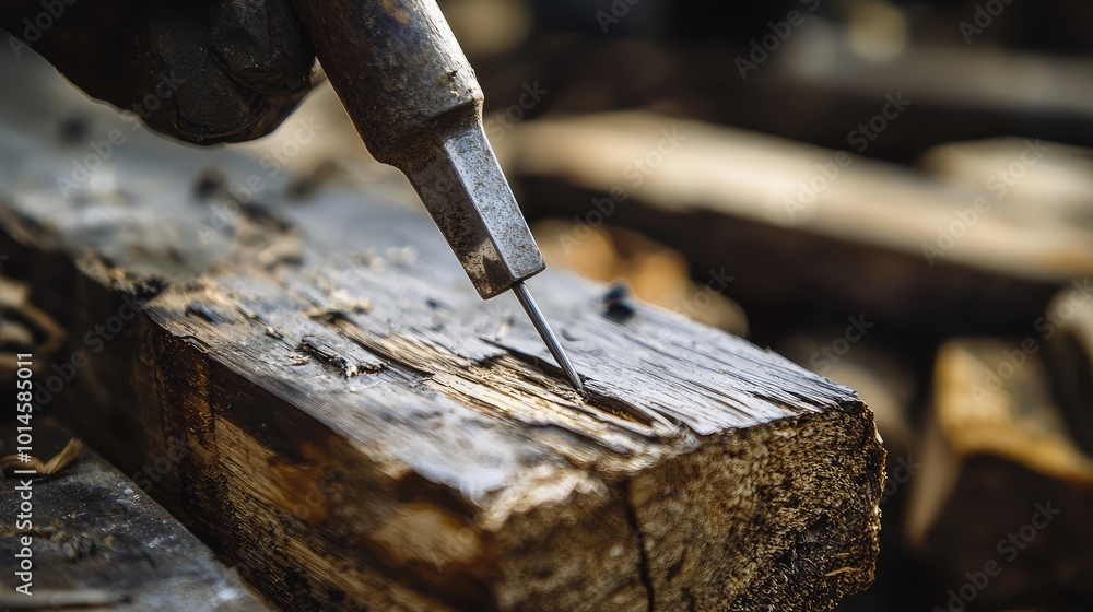 Poster a close-up of a craftsman carving wood with a sharp chisel, highlighting the intricate details and t