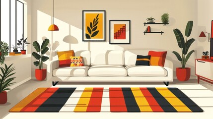 A modern living room featuring a white sofa, colorful cushions, plants, and vibrant decor.