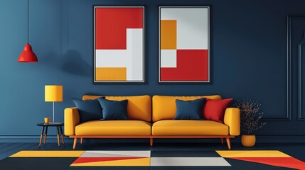 A vibrant living room featuring a yellow sofa, colorful artwork, and geometric patterns on the floor.