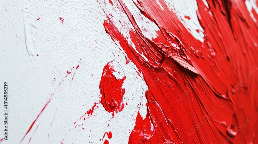 Poster close-up of red paint being splashed across a white canvas in abstract form.