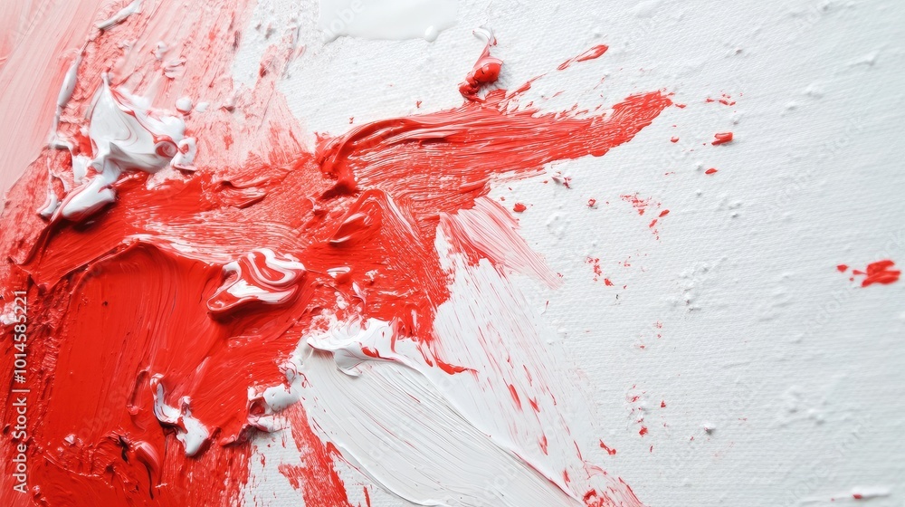Poster close-up of red paint being splashed across a white canvas in abstract form.