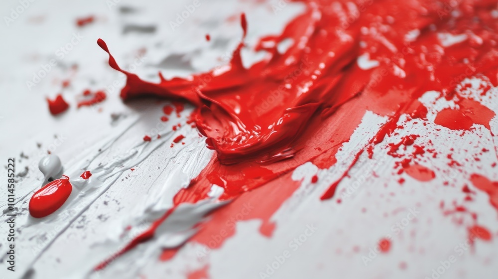Poster close-up of red paint being splashed across a white canvas in abstract form.