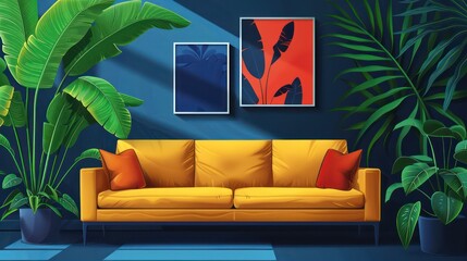 A vibrant living room featuring a yellow sofa, colorful wall art, and lush greenery, creating a lively atmosphere.