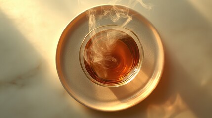 Glass of hot tea with smoke gently rising, from a top view, placed on a light-colored ceramic plate, simple setup, no people