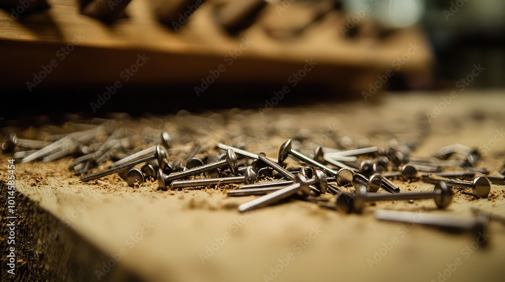 Poster a close-up of scattered metal nails on a wooden surface, showcasing their sharp points and craftsman