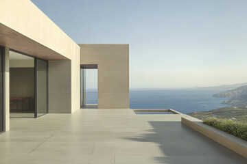 Modern coastal villa terrace with ocean view and minimalistic design at sunrise