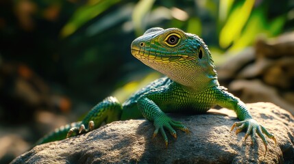 A close-up shot of a green lizard basking on a sunlit rock, its textured scales glistening in the light, capturing the intricate details of its skin and alert eyes