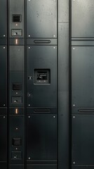 A close-up view of a modern lockers system, showcasing sleek designs and metallic textures in an urban environment.