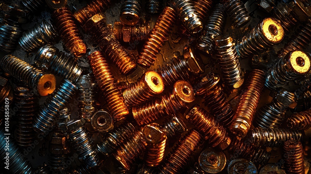 Poster a close-up view of assorted screws showcasing various metallic finishes and textures. perfect for in