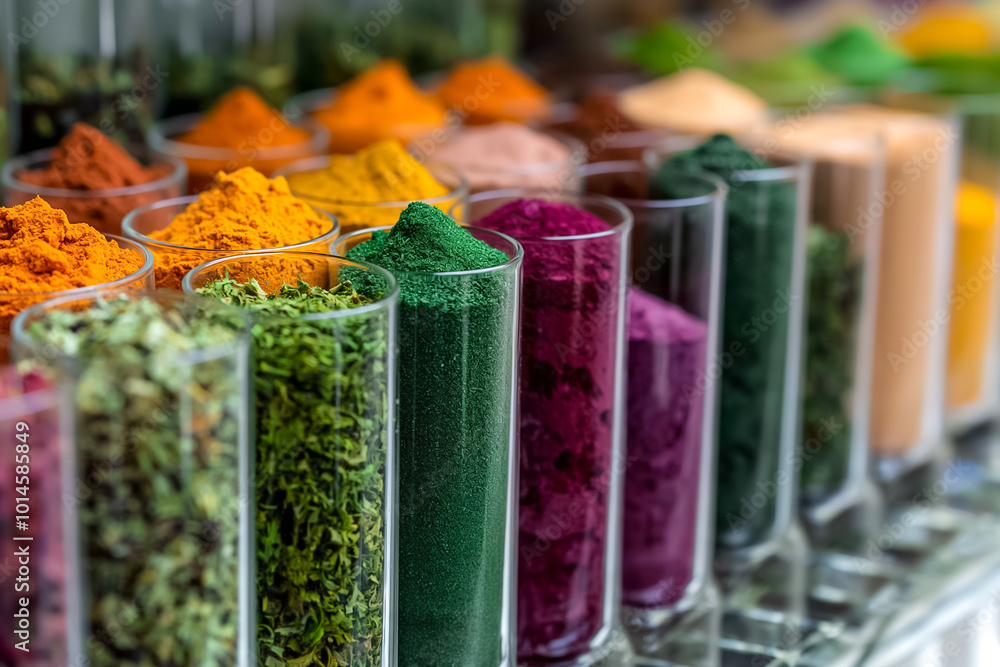 Poster a vibrant collection of spices in transparent containers showcases an array of colors, including red